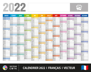 Planner calendar 2022. France, French language. Texts vectorized. Multi layers vector. CMYK colors. Elements and colors easy to adapt and customize