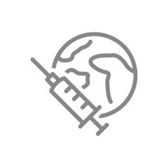 Medical syringe and planet Earth line icon. World vaccination, immunity, injection