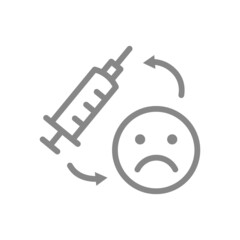 Medical syringe and sad face line icon. Vaccination, consequences of vaccination, vaccine evaluation, negative feedback