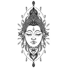 Buddha face over ornate mandala round pattern. Esoteric vintage vector illustration. Indian, Buddhism, spiritual art. Hippie tattoo, spirituality, Thai god, yoga zen Coloring book pages for adults.