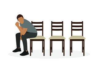 Fototapeta premium Male character sitting on one of three chairs on a white background