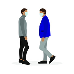 Two male characters in medical masks stand and look at each other on a white background