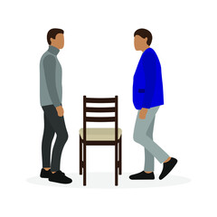 Two male characters are standing near one chair on a white background