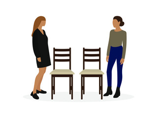 Two female characters are standing near free chairs on a white background