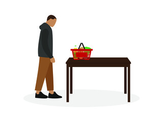 Male character looking at a basket of groceries standing at the kitchen table on a white background
