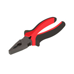 Сlosed pliers. Isometric metal pliers with rubber handles black and red color isolated on white background. Hand tools for repair, construction and maintenance. Realistic vector illustration