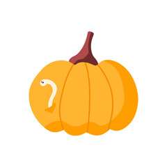 Vector illustration for Halloween, a pumpkin with an evil worm on a white background in a flat style. Illustration for postcards, posters, T-shirt prints, holiday decor