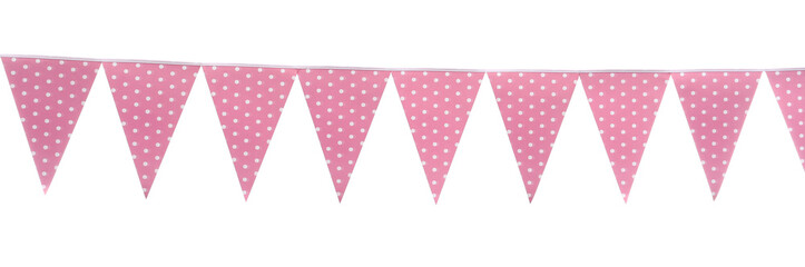 Triangular bunting flags on white background. Festive decor