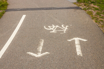 Close up view of bicycle road markings on asphalt. Sweden. 