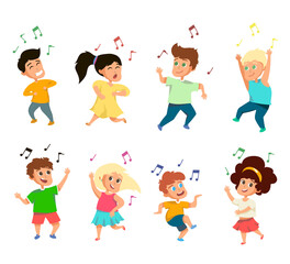 Fototapeta premium Set of funny little singing kids on white background. Cartoon vector illustration. Cute and happy children dancing and singing. Cheerful boys and girls having fun. Party, dance, hobby, art concept