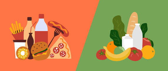 Fast unhealthy food vs healthy nutrition. Good and bad choice of products. Bad junk fastfood and good organic food. Comparison greasy unhealthy habits eating and fresh health diet. Vector illustration - obrazy, fototapety, plakaty