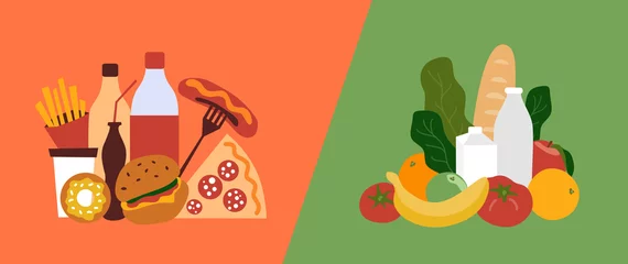 Deurstickers Fast unhealthy food vs healthy nutrition. Good and bad choice of products. Bad junk fastfood and good organic food. Comparison greasy unhealthy habits eating and fresh health diet. Vector illustration © OlgaStrelnikova