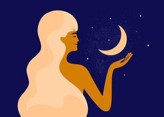 Smiling woman with long light hair holding crescent moon in hand. Modern witch, women practices, female menstrual cycle concept. Lunar phases, numerology or astrology, natal chart. Vector illustration