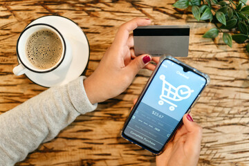 Crop woman using online shopping app and making payment with plastic card