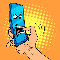 The smartphone character bites his hand. Dangerous mobile phones, information security and online addiction