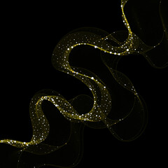 Wave with golden shimmery particles on a black background. Festive design element. eps 10