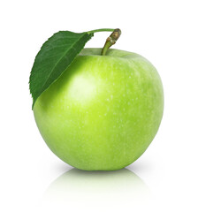 Ripe juicy green apple with leaf isolated on white background. Fresh fruits.