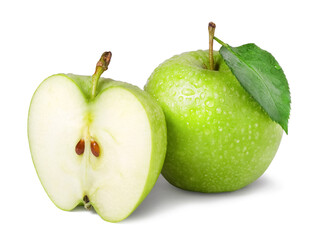 Ripe juicy green apple and half of apple isolated on white background. Fresh fruits.