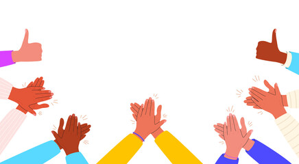 Flat vector cartoon illustration of hands clapping, thumbs raised up. Applause and congratulations on the successful work.