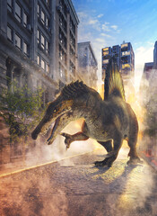 3d rendering - dinosaur walking the streets of a city destroying and wreaking