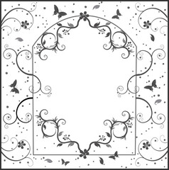 Graphic Arch frame within the square frame with swirly decorative designs in shades of gray.  Flowers and butterflies designed into image of swirls.