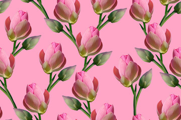 Seamless pattern with pink lotus flowers on a pink background.