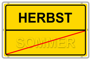 Gelbes Schild mit den Jahreszeiten Sommer und Herbst