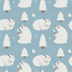 Cute Christmas vector winter seamless pattern with Polar Bear, Christmas trees, decorative elements, new year illustration
