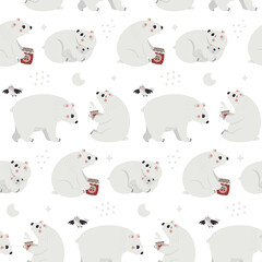 Cute Christmas winter vector seamless pattern with Polar Bear, baby bear, Christmas trees, decorative elements, new year illustration