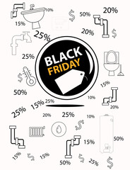 plumbing black friday offer with ​ tools icons, promotion of big construction  price reduction
concept on black and white background. copy-space
