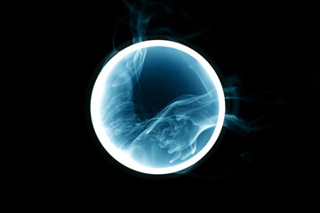 Futuristic smoke. Neon blue color geometric circle on a dark background. Round mystical portal. Mockup for your logo.