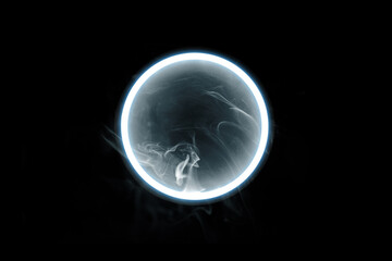 Futuristic smoke. Neon geometric circle on a dark background. Round mystical portal. Mockup for...