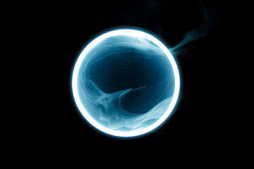 Futuristic smoke. Neon blue color geometric circle on a dark background. Round mystical portal. Mockup for your logo.