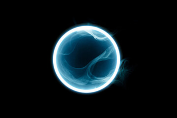Futuristic smoke. Neon blue color geometric circle on a dark background. Round mystical portal....