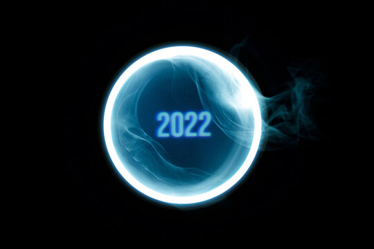 2022 Year. Futuristic Smoke. Neon Blue Color Geometric Circle On A Dark Background. Round Mystical Portal. Mockup For Your Logo.