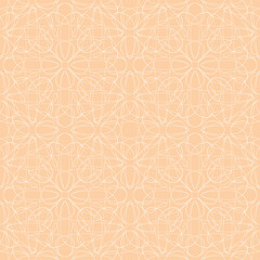 Geometric floral vector seamless pattern with white lace on soft orange background. Art Deco organic line texture for wallpaper, home decor and fashion fabrics.