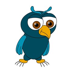 Funny owl isolated on white background. Crazy bird with big eyes. Cartoon character. Flat style design. Vector illustration.