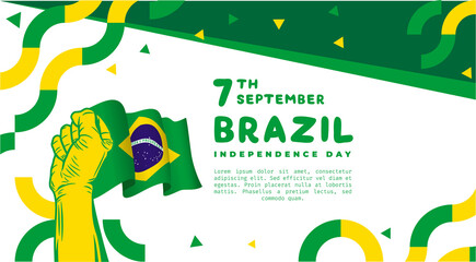 Banner illustration of Brazil independence day celebration. Waving flag and hands clenched. Vector illustration. - obrazy, fototapety, plakaty