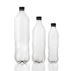 Silhouette of different types and sizes of empty transparent plastic bottles on white isolated background