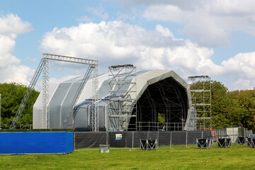 An Outdoor music festival stage being built for the Victorious festival in South UK