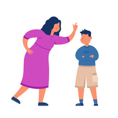 Angry mother screaming at naughty son. Flat vector illustration. Cartoon woman reproaching, rebuking upset child for bad behavior. Family, education, argument, parenting concept for banner design