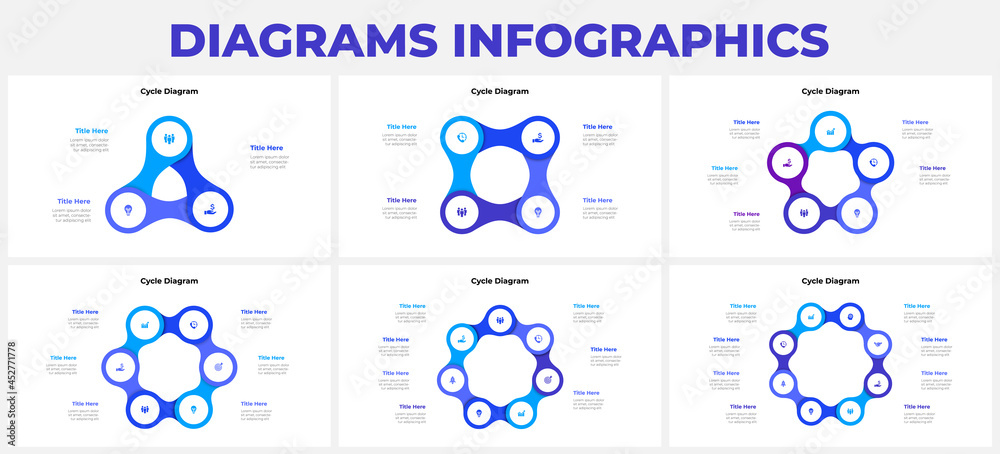 Poster Set of metaball cycle infographic. Business data visualization. Template for presentation. Design concept with 3, 4, 5, 6, 7 and 8 options