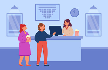 People buying tickets at cinema box office. Flat vector illustration. Cashier standing behind counter, selling tickets according movie schedule. Cinema, theatre, advertising, entertainment concept