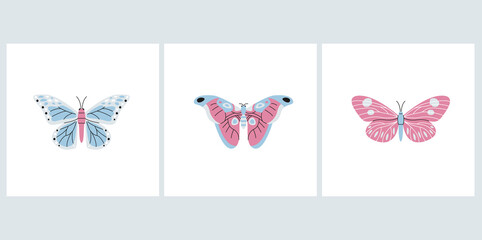 Butterflies elements collection. Colorful meadow wildlife isolated set. Different summer insects in trendy flat design.