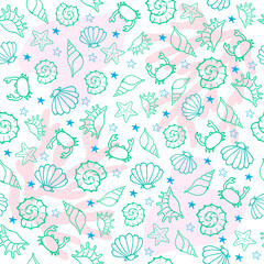 Seamless marine-themed pattern with shells, ships, marine life.