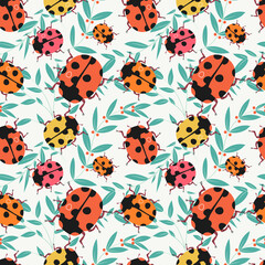 Ladybug seamless pattern vector illustration. Cute meadow insect texture design. Lady-beetle summer background. Floral bloom with lady-cows wrapping.