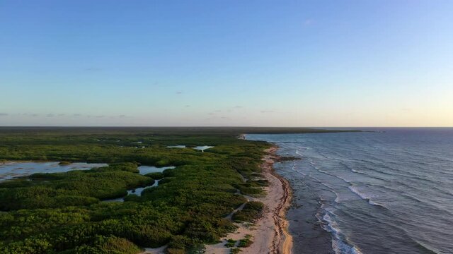 Aerial Upward Idyllic View Of Sea Against Sky, Drone Flying Over Puddles Amidst Green Landscape During Sunset - Cozumel, Mexico
