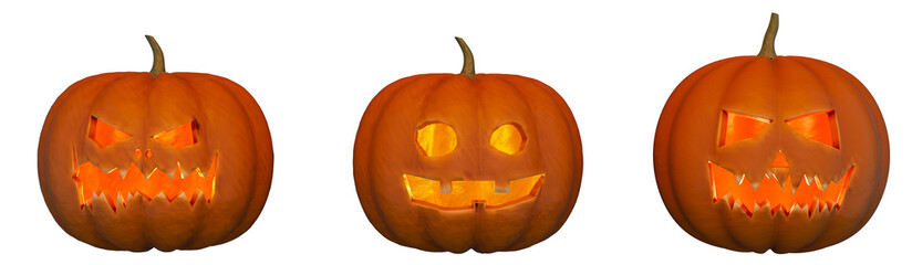 Realistic Halloween Pumpkins with an evil and cute smile, 3d rendering. Jack O Lantern halloween pumpkins. Halloween background, 3d illustration isolated on a white background