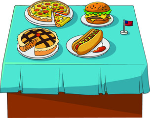 Cartoon vector illustration of an American foods assortment