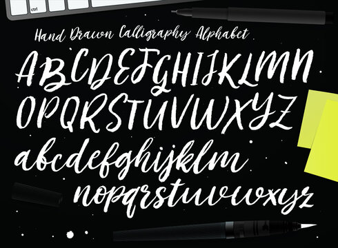 Calligraphic vector script font. Handwritten brush style modern calligraphy cursive typeface. Hand Lettering and Typography alphabet for Designs: Logos, Packaging Design, Poster. Typographic set.